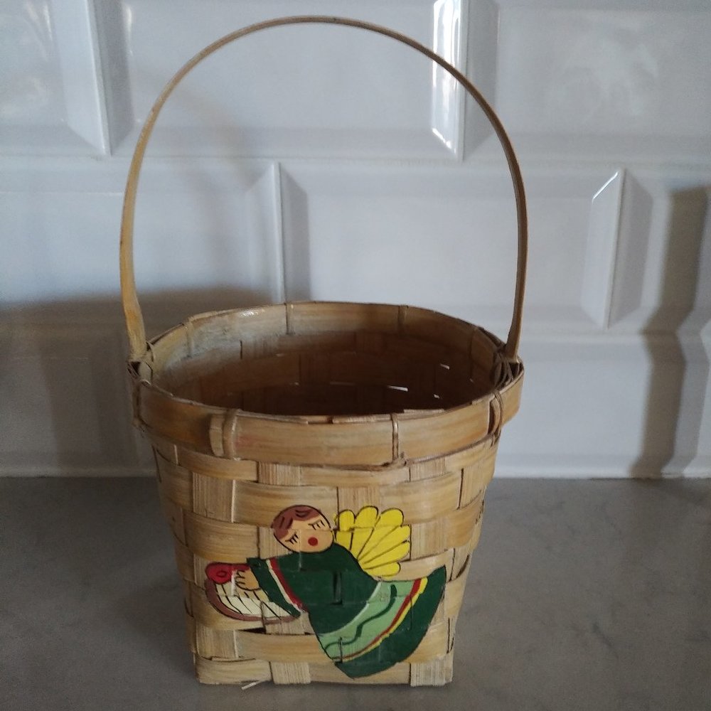BRAND NEW BROWN WICKER BASKET WITH HANDLE AND HAND-PAINTED ANGEL ON FRONT